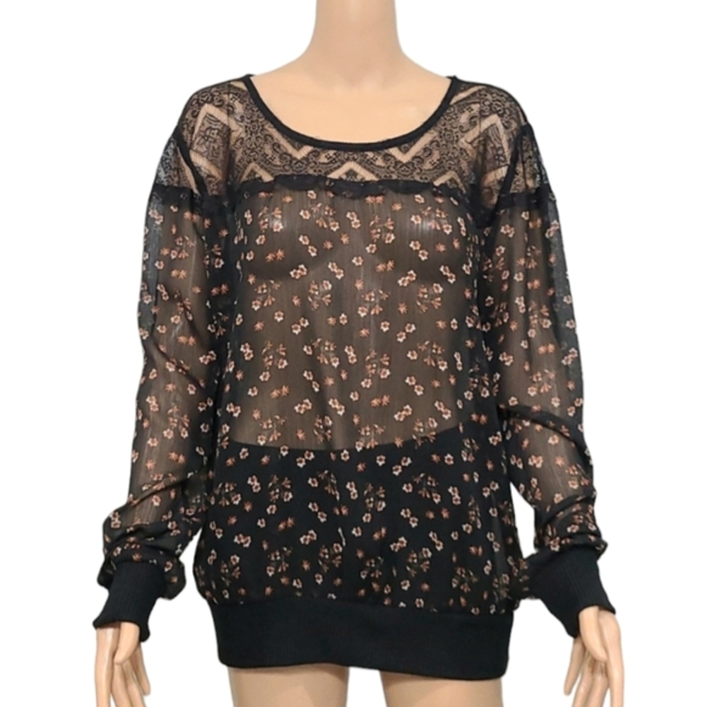 Metaphor Women's Black Sheer Flower Design Long Sleeve - Size XL